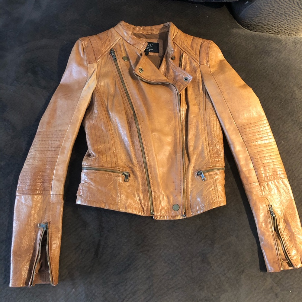 Biker style camel leather jacket